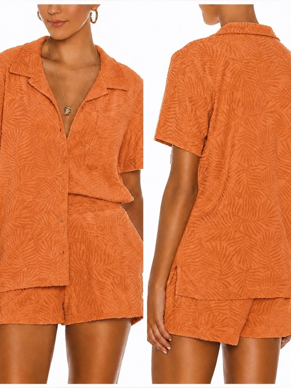 Set L*space Fronds Forever Terry Button Up Shirt and Drawstring Shorts in Orange - Picture 2 of 11